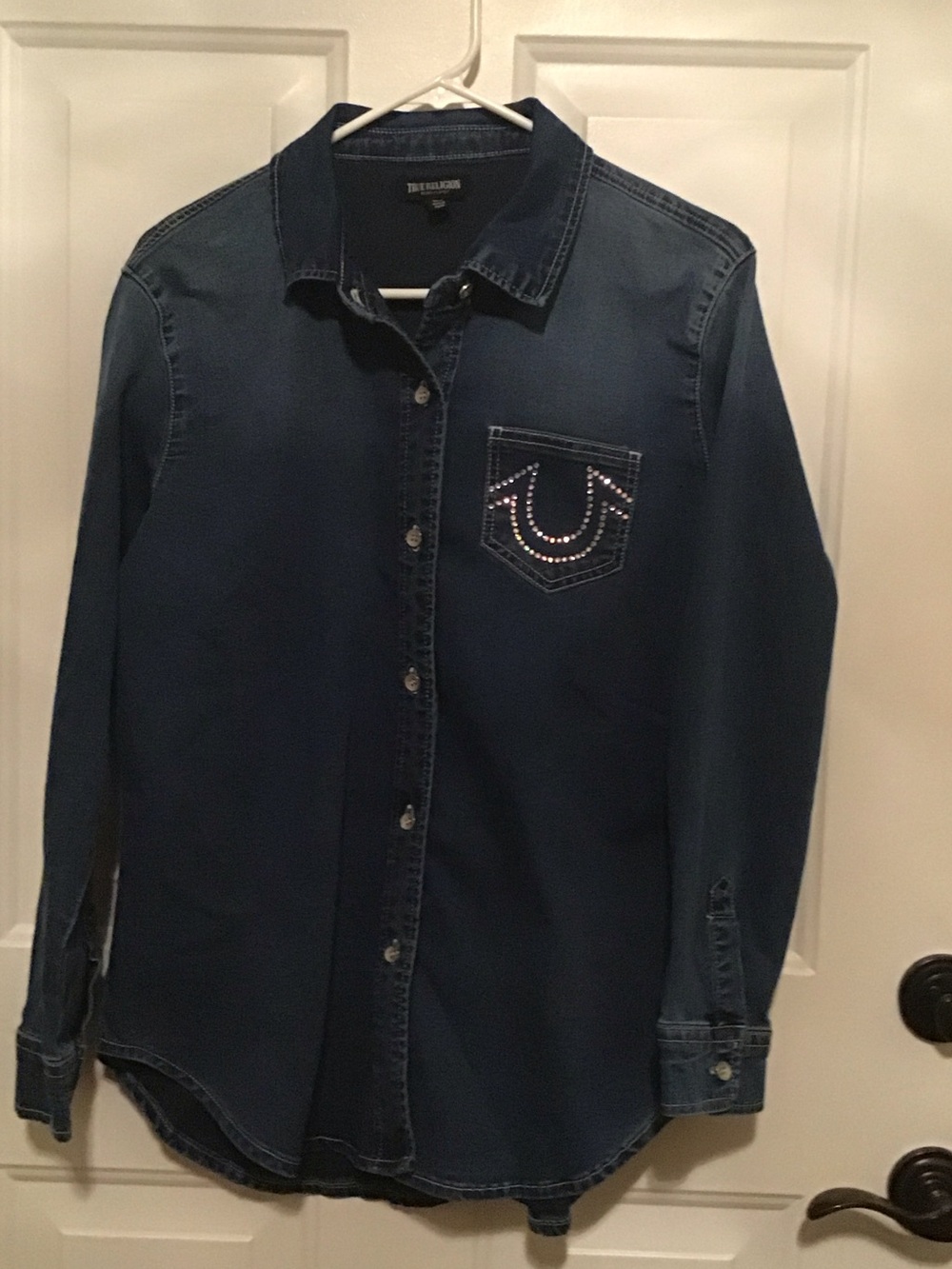 True Religion Dark Blue Denim Button-Down Shirt with Embellished Pocket